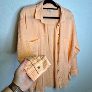 LOFT Outlet Womens XL Button Down Shirt Peach Orange Gauze Long Sleeve Top‎